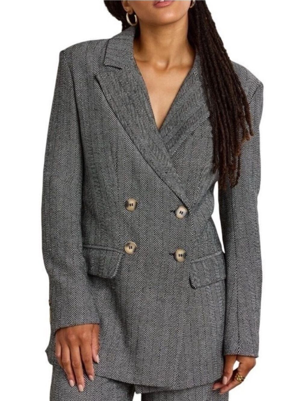Aaron & Amber Chevron Tweed Menswear Double Breasted Notched Lapel Blazer